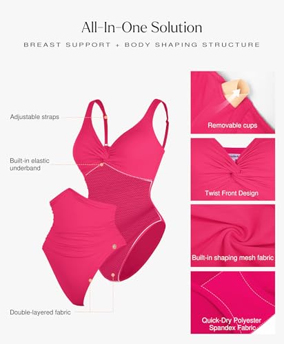 Popilush One Piece Swimsuit for Women Tummy Control Shapewear Bathing Suits Twist Front Ruched Swimwear Pink — view 4