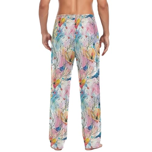 Men’s Watercolor Flower Pattern Pajama Pants with Pockets, Comfortable Lounge Sleep Bottoms#312