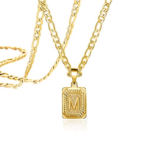 18K Gold Filled Initial Letter M Pendant Necklace Square Alphabet Rectangle Medallion Personalized Stainless Steel Figaro Chain Simple Jewelry Gifts for Women Men Teenage Girls BFF Mom Dad Dad