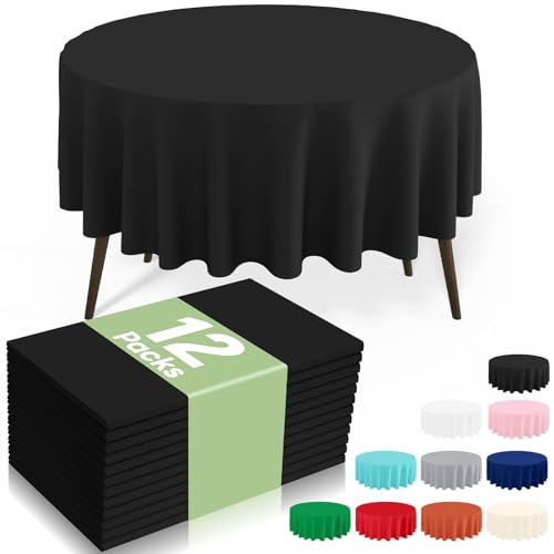 Image of misaya 12 Packs Disposable Plastic Table Cloth, 84 inch Round Waterproof Tablecloth, Leakproof & Sturdy Decorative Table Covers for Picnic, Party, Outdoor and Back to School, Black