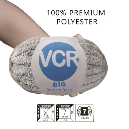 Image of VCR Grey Yarn, 200 Grams Big Chunky Hank, 22 Meters Length, Suitable for Knitting Blankets and Pillows, 100% Polyester Yarn Ball for Crochet DIY, Soft Threads, Pack of 1