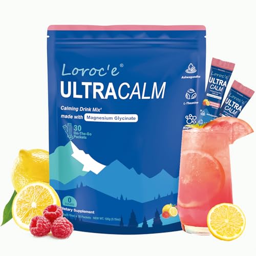Loroc'e UltraCalm Super Cortisol Drink, Magnesium Glycinate Powder (30 Servings), L-theanine, Ashwagandha, Vitamin D, No Sugar, Raspberry Lemonade Powder