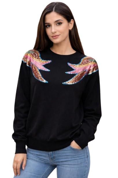 Women's Sequined Bird Embellished Crewneck Sweatshirt, Winter Casual Top with Decorative Design-picture-48