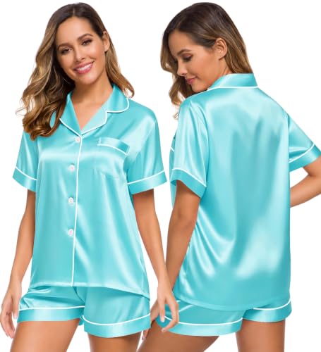 Image of SWOMOG Womens Silk Satin Pajamas Set Short Sleeve Sleepwear Button Down Top and Shorts Loungewear 2 Piece Pjs Set XS-3XL