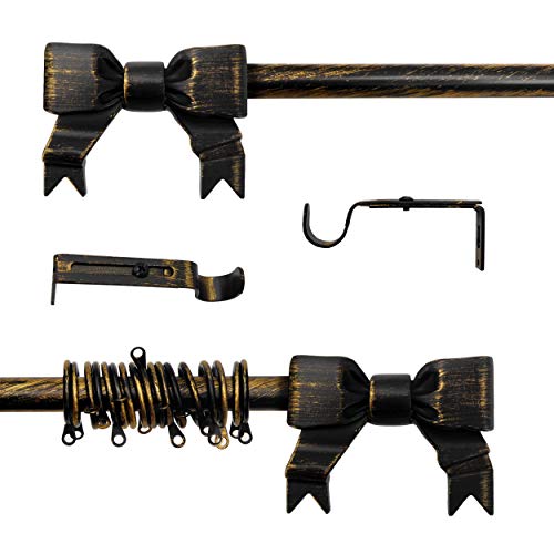 AT17 Gardinenstange Ausziehbar, Vorhangstange Gardinenstange Variable Länge Landhaus Shabby Chic - Schleifen - 120-210 - Durchmesser 2 cm - Schwarz/Gold - Metall Cover