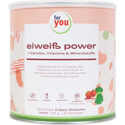 for you Power Eiweiß Erdbeer-Rhabarber 750 g – Mehrkomponenten Eiweißpulver nach Dr. Strunz mit L-Carnitin | Protein Pulver aus Molke, Soja, Milch & Ei | Sehr gut löslich & cremig