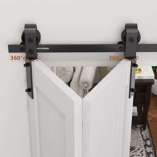 Roomtec Bi-Folding Sliding Barn Door Hardware Track Kit, Black Roller Kit For Doors, J Shape(No Door) (4 Doors-5 Ft-J Shape) #TOP3
