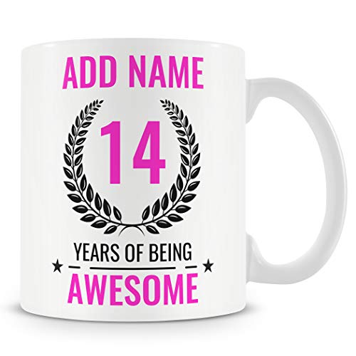 MUGGZ Personalised 14th Birthday Mug for Girls – Add Name – “14 Years of Being Awesome” – Pink Design – Teen Girl Birthday Gift – Dishwasher & Microwave Safe Ceramic Mug 11oz