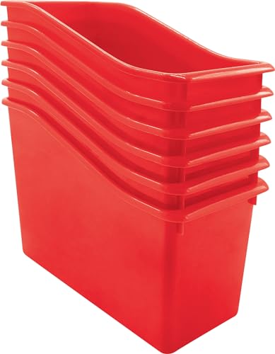 Corbeille à livres plastique rouge avec poignées pour cahiers enfants