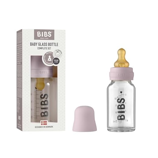 BIBS Baby Glass Bottle. Anti-colique. Embout rond en latex de caoutchouc naturel. Favorise l’allaitement naturel, 110 ml, Dusky Lilac
