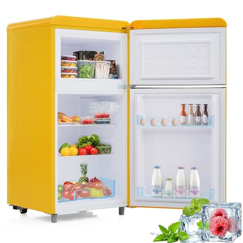 Frigorífico retro de 72 litros doble puerta superior e inferior con congelador de 21 litros frigorífico-congelador combinado 120 kWh/año minifrigorífico de ambiente color amarillo.