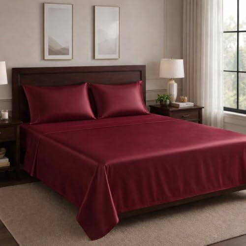 Image of Egyptian Cotton Feel King Size Flat Bedsheet with 2 Pillow Covers | 800 TC Soft & Breathable | Burgundy Solid Pattern for Bedrooms and Hotels Use (Size: 102 x 108 Inch)