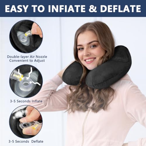 flintronic Inflatable Travel Pillow, Inflatable Travel Pillow for Airplane, Soft Velvet Neck Support, Lightweight Ergonomic Sleeping Neck Pillow for Airplane, Car, Train, Office, Camping (Black) - Image 4