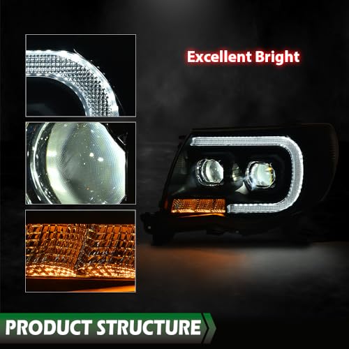 Image of GRAND ORANGE LED Tube Projector Headlights Assembly Headlamps W /o Bulbs Compatible with Toyota Tacoma 2005-2011 Clear Lens Black Housing Clear Reflector Driver & Passenger Side