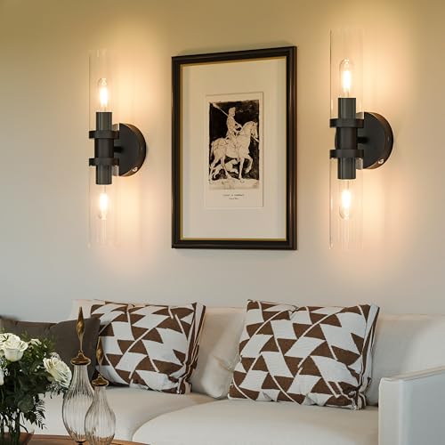 Image of Rayogale Black Wireless Battery Operated Wall Sconce with Remote Control | Dimmable Rechargeable Wall Lights Set of 2, Timer, No Hardwire, Touch Control, 8000mAh, 3000K, Glass, Emergency, 16.5 Inch