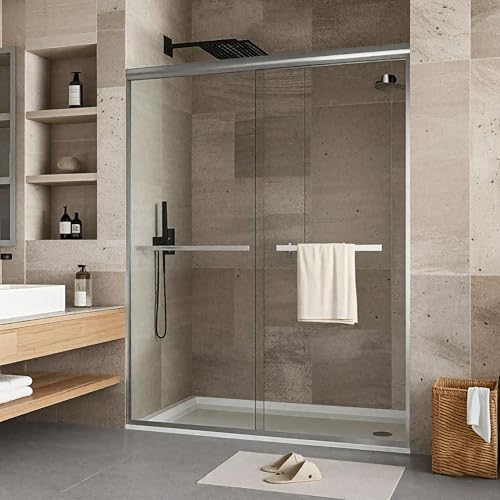 Shower Doors Glass Sliding 44-48 Inch W x 72 Inch H, 6mm Brushed Aluminum Frame, Double Sliding...