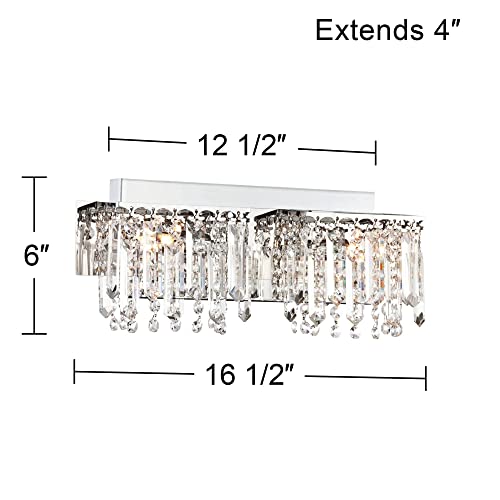 Possini Euro Design Hanging Crystal Modern Wall Light Chrome Silver Metal Hardwired 16 1/2" Wide 2-Light Fixture Mounted Strand And Prisms For Bathroom Vanity Mirror House Home Hallway Room Decor #TOP3