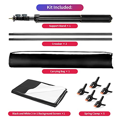 Yayoya Black White Backdrop Screen With Stand Kit 5X6.5Ft For Photo Video Studio, 2-In-1 Revisible Black Backdrop White Screen With T-Shaped Photography Background Support Stand And 5 Backdrop Clamps #TOP5