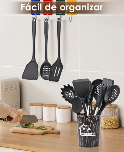 Czemo Utensilios de Cocina de Silicona 44 Piezas Juego de Utensilios Antiadherentes, Resistentes al Calor, Cucharas de Cocina Silicona, Cucharas de Drenaje, Negro - imagen 7