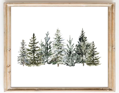 Kizbook Vintage Christmas Tree Wall Decor, Christmas Pine Tree Art Prints Painting, Farmhouse Winter Landscape Xmas Christmas Poster, Christmas Gallery Wall Art Winter Forest Print, Vintage Christmas Decor for Holiday (8"x10"-Unframed)