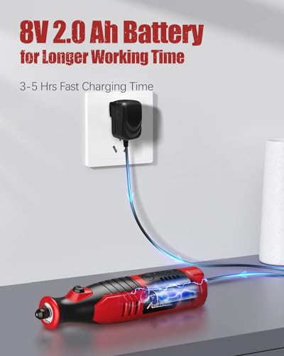 AVID POWER Cordless Rotary Tool 2.0 Ah 8V Rechargeable Rotary Tool, 4 Front LED Lights, 5 Speeds, 60 Pcs Rotary Accessories with Bag for Carving, Engraving, Sanding, Polishing and Cutting - Red