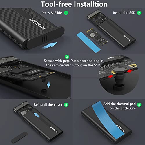 Mokin M.2 Nvme Sata Ssd Enclosure Adapter Tool-Free, Rtl9210B Chip, Usb C 3.1 Gen 2 10Gbps Nvme, 6Gbps Sata Pcie M-Key(B+M Key), External Solid State Drive Support Uasp Trim For 2242/2260/2280 Ssd #TOP5
