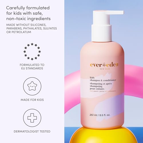 Image of Evereden Mini Kids Shampoo and Conditioner 2-in-1: Cool Peach, 1.7 fl oz. | Vegan, & Gentle Care for Kids | Toddler Shampoo and Conditioner for Healthy Scalp & Hair | Travel Size | Age 4+