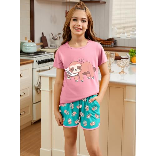 QPANCY Girls Pajamas Kids Casual Loungewear Sleepwear Cotton 3 Pieces Shirts&Tank Shorts Pjs Sets3