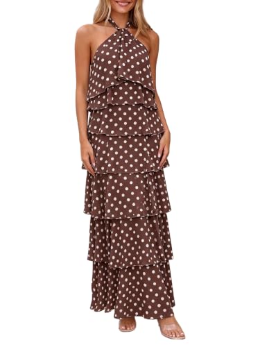 Women's Boho Polka Dot Halter Wedding Guest Long Flowy Dresses, Brown S