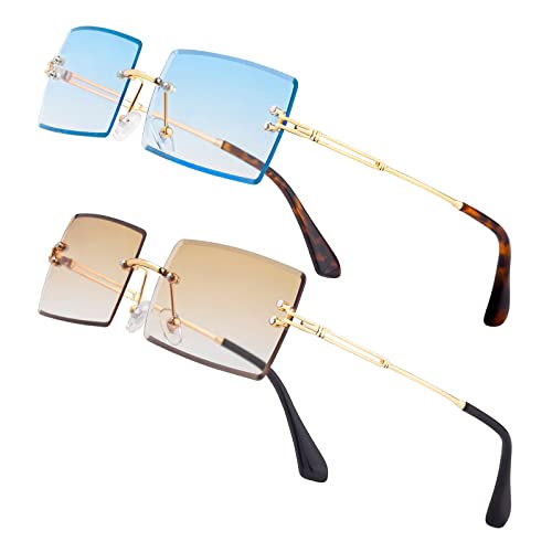 Nieepa Fishion Small Rectangle Sunglasses Vintage Women Men Tinted Rimless Eyewear Ultralight Candy Color Ocean Sun Glasses Shades(Gold/Gradient Blue+Gold/Gradient Brown) #TOP11