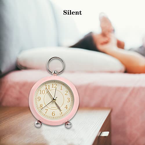 Justup Analog Alarm Clock, 4 Inch Cute Table Clock With Metal Ring, Silent Non-Ticking Desk Clock With Night Light, Battery Powered Mini Beside Clock Decor For Bedroom Living Room Office (Pink) #TOP2