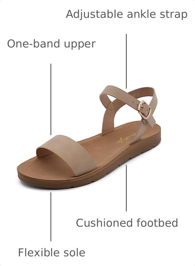 Image of Herstyle Flat Sandals for Women - Open Toe 1 Band Ankle Strap Summer Dressy Sandals, Lightweight Casual Strappy Slip-On Flats with Adjustable Buckle