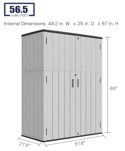 Image of KINYING Outdoor Vertical Storage Shed,57 Cu.ft Outdoor Storage Cabinet Waterproof,Resin Sheds & Outdoor Storage Clearance for Garden,Patio,Backyard,Lockable (Grey)