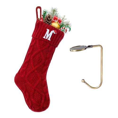 VRFASHION Christmas Stockings with Initials, Letter M Embroidered Xmas Stockings, 18" Large Monogram Knitted Xmas Stocking, Christmas Party Fireplace Family Hanging Stocking Decorations(1 Pack, Red)