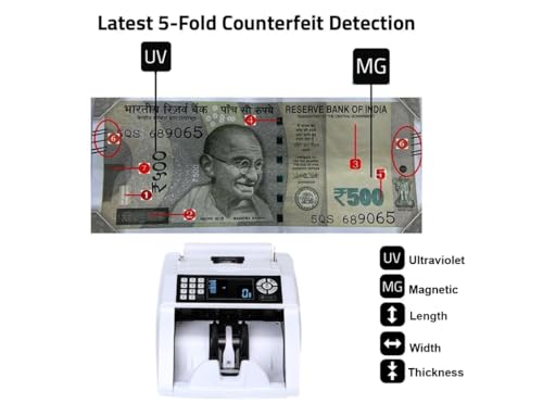 Image of ELCONS Note Counting Machine BANKO-90 | High-Speed Cash Counter 1000 Notes /Min | Fake Note Detection with UV, MG & IR Sensors | Automatic Value Detection | LED Display & Batch Counting (White)
