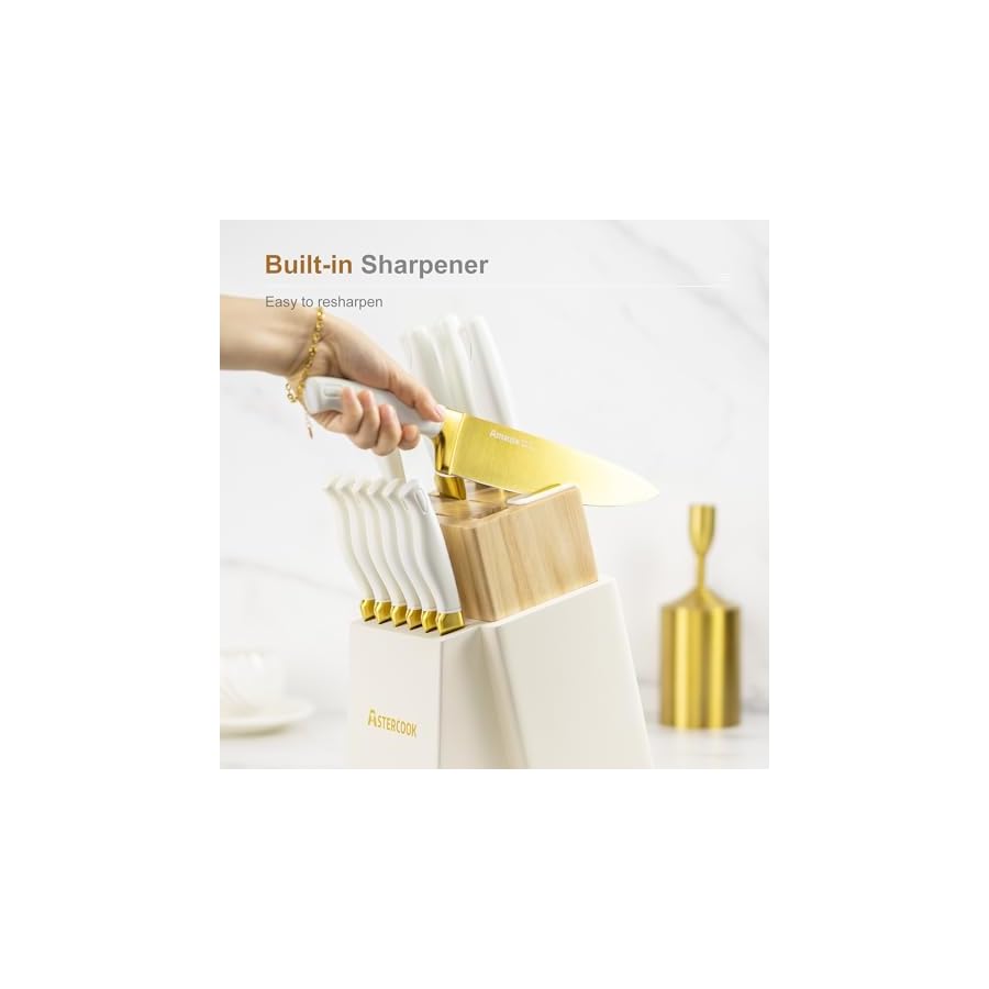 Astercook-15-Pieces-Knife-Set-Healthy-Gold-Titanium-Coating-Kitchen-Knife-Sets-Full-Tang-Knives-Set-with-Block-and-Built-in-Sharpener-German-Stainless-Steel-Knife-Block-Set-Dishwasher-Safe-Gold Astercook 15 Pieces Knife Set, Healthy Gold Titanium Coating Kitchen Knife Sets, Full Tang Knives Set with Block and Built-in Sharpener, German Stainless Steel Knife Block Set Dishwasher Safe Gold