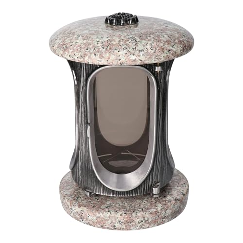 Élégante lanterne funéraire en granit marron royal - Hauteur 23 cm - Diamètre : 15 cm - Argenté - Avec rosace