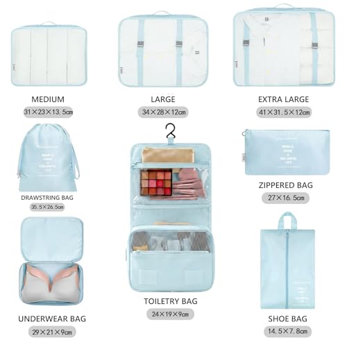 Image of MURISE Packing Cubes for Travel, 8 Pcs Suitcase Organiser Bags for Travel Essentials, Durable Luggage Organiser Set, Packing Organisers, Suitcase Organiser System for Men /Women, Lake blue