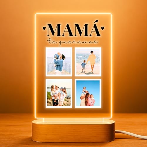 Cristal Plaque - Lámpara Personalizada MAMÁ con 4 Fotos y Texto “Te Queremos” | Placa de Metacrilato con Luz LED | Base de Madera USB | Regalo Original para Mamá, Cumpleaños y Día de la Madre