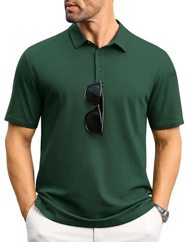 Image of TACVASEN Mens Polo Shirts Short Sleeve Collared Casual Golf Tops Summer Breathable Work Polo Cotton T Shirt DGreen,XL DarkGreen