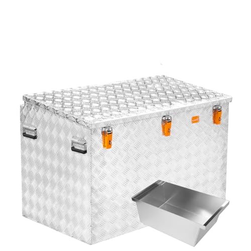 Alubox ABX-R520PE Aluminium Riffelblech Pritschenbox Transportkiste Staukasten mit eingerückter Scharnierposition und Schrägdeckel - 520 Liter - im Set...