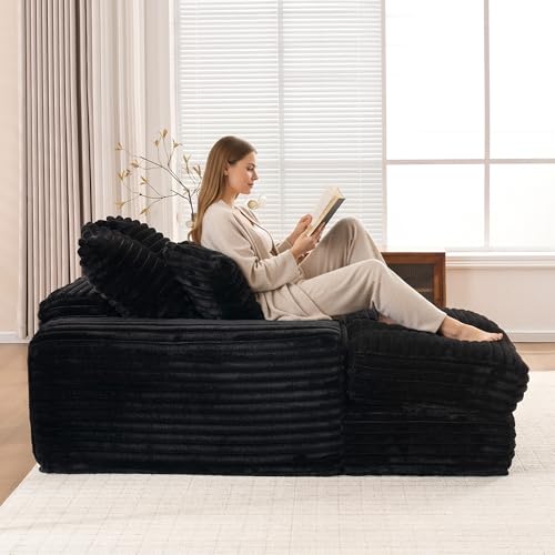 Yihomfy Cord Samt Lounge Sofa, 137x175 cm, Daybed & Lounger für Wohnzimmer, 2-Sitzer Couch, Extra Bequemes Sofa zum Liegen, Zum Ausstrecken und Entspannen, Schwarz