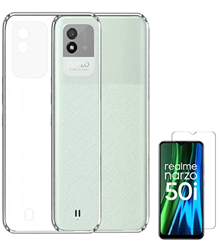 Image of Soft Flexible Silicone Back Cover Compatible with Realme Narzo 50i, Transparent Case + Screen Guard