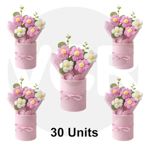Image of VCR Handmade Pink Crochet Bouquet- Pack of 30 - Hand Woven Knitted Artificial Hand Knitted Bouquet Flower for Office Desk, Table, Car, Bedroom, Wedding & Special Occasions