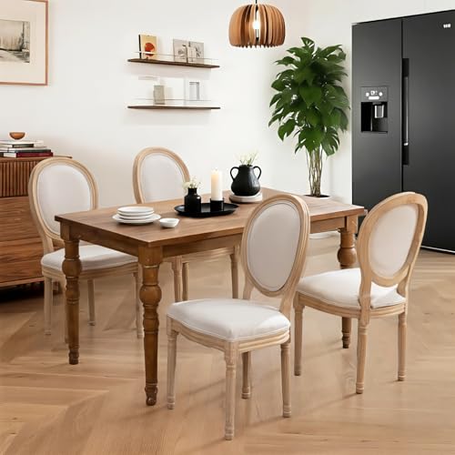 SOARMOTE French Country Dining Chairs Set of 4,Farmhouse Upholstered Dining Room Chairs with Round Back and Solid Leg,Fabric Kitchen Side Chairs for Kitchen/Bedroom/Dining Room,Beige