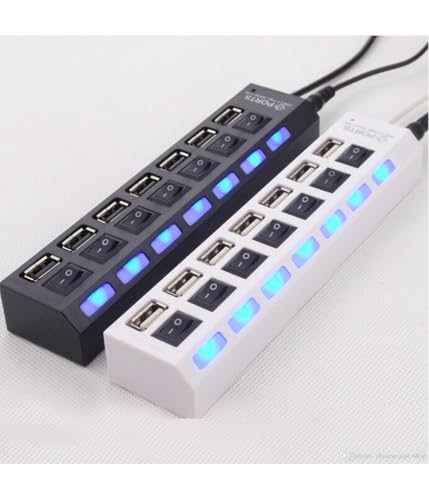 TrAdE Shop Traesio Ciabatta USB MULTIPRESA HUB con 7 Porte USB 2.0 Nera O Bianca E LED Blu