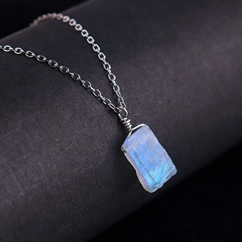 Odrilliongems Natural Raw Rainbow Moonstone Gemstone Pendant Necklace, Rough Stones, Healing Crystals, 925 Sterling Silver, June Birthstone, Handmade, Women Jewelry, Christmas Gift, Size 18" #TOP21