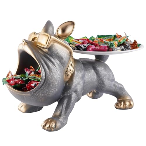 Image of Cool Bulldog Key Bowl & Accessory Tray - Matte Black & Gold Resin Dog Sculpture Multifunctional Organizer Showpiece for Keys Watches & Candy (Grey with Sprinkles, Dog with Tail Plate)