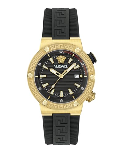 Versace Greca Logo Diver Collection Luxury Mens Watch Timepieces with a Black Strap and Dial Featuring a Gold Case