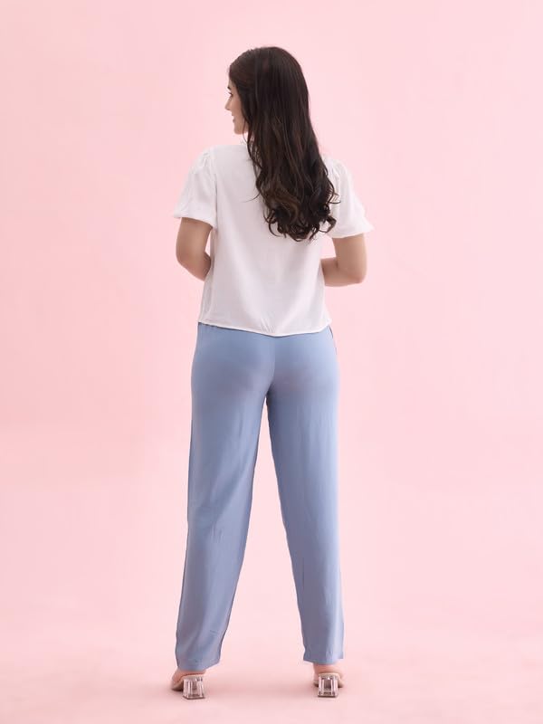 Image of GO COLORS Women Solid Mid Rise Relaxed Fit Viscose Casual Pants